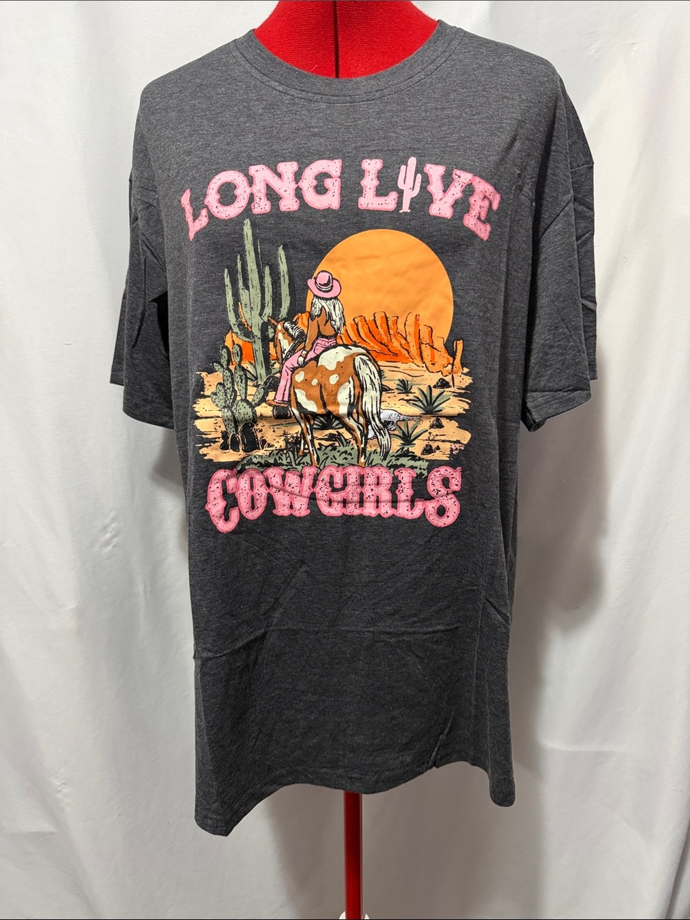Long Live Cowgirls Graphic Tee - Charcoal Pink Accent